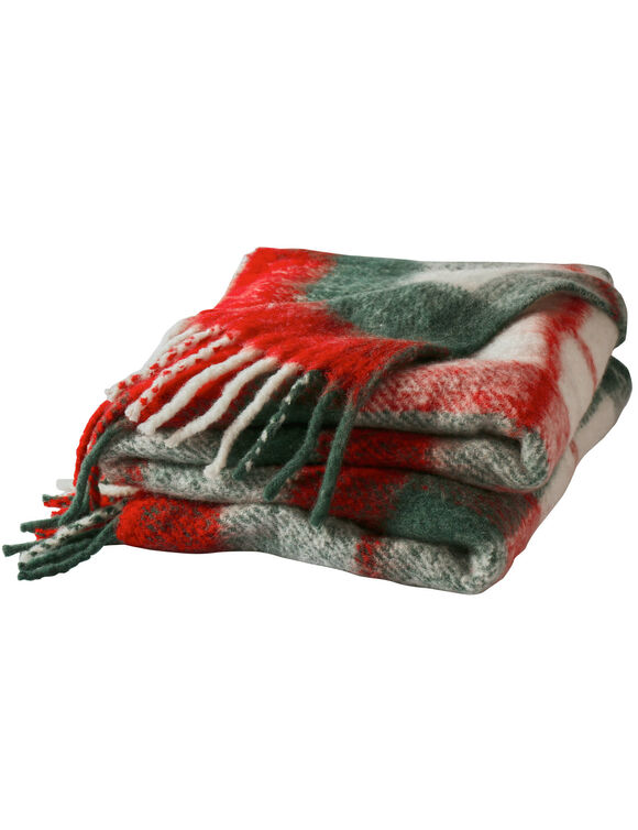 Plaid met franjes, ingeweven ruitjes (ecru / rood / groen)