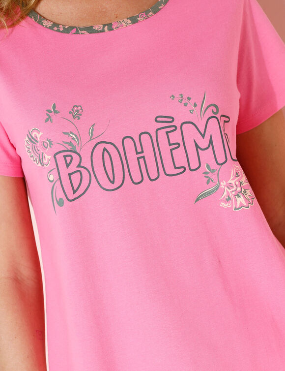 T-shirt manches courtes coton uni imprimé placé "Bohème"  (rose indien)