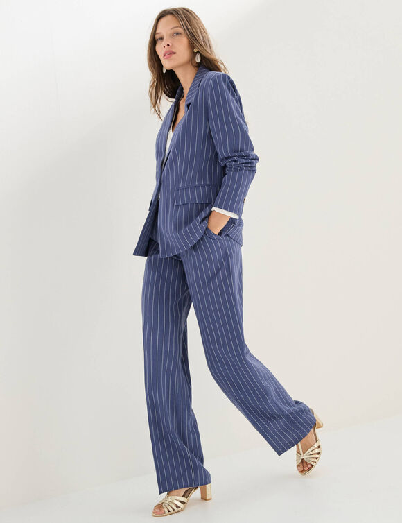 Veste blazer ray&eacute;e, viscose-lin (bleu)