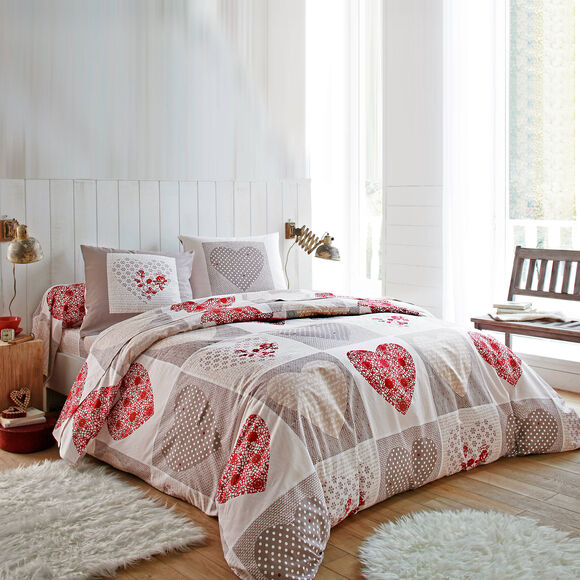 Linge de lit Lovely en flanelle imprim&eacute; coeurs  (taupe / rouge)