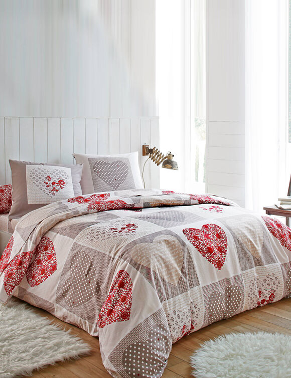 Lovely-beddengoed van flanel bedrukt met harten (taupe / rood)