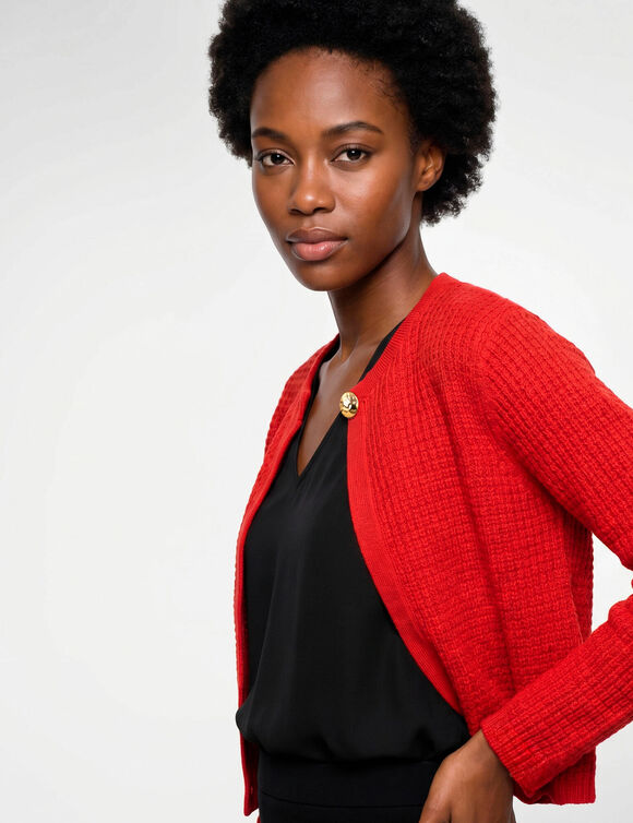Gilet fa&ccedil;on veste, maille fantaisie (rouge)