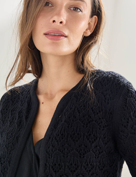 Gilet manches longues, maille ajour&eacute;e fantaisie (noir)