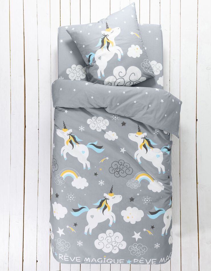 Linge de lit enfant Lilou imprimé licorne 1 personne - coton (gris)