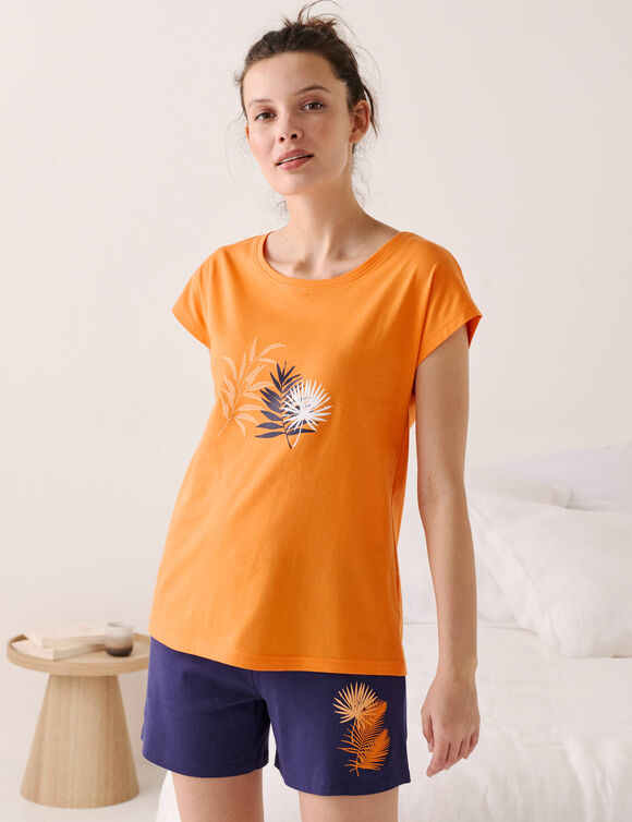 Pyjama T-shirt met tropische print (oranje)