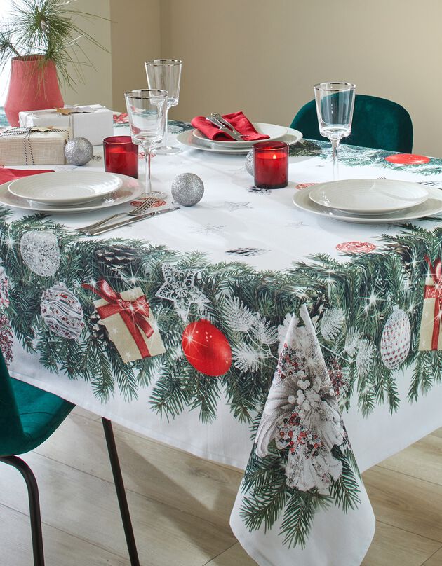 Vlekwerend tafellaken met kerstkransprint (groen / rood)
