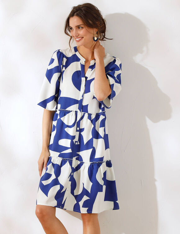Robe boutonnée imprimée, col tunisien (bleu)