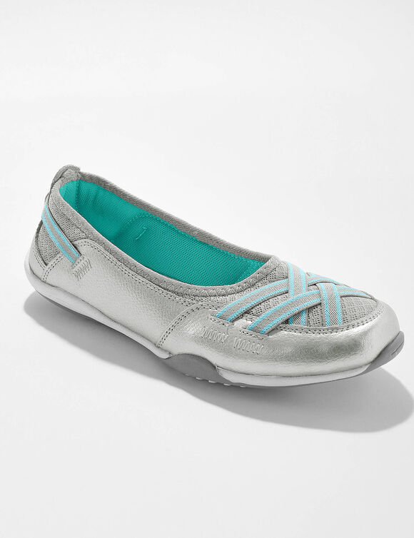 Ballerines souples cuir et textile a&eacute;r&eacute; bandes &eacute;lastiqu&eacute;es (argent&eacute;)