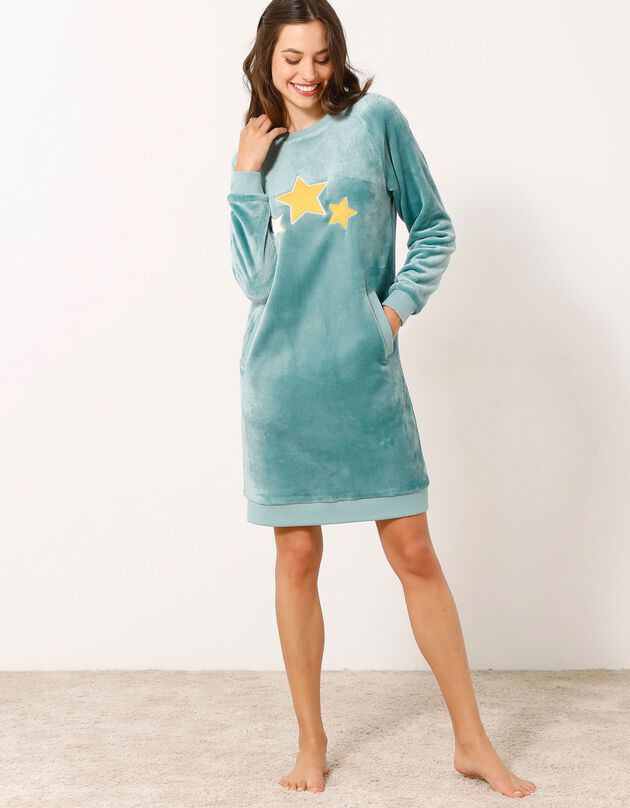 Nachthemd in fleece met sterrenmotief (grijsblauw)