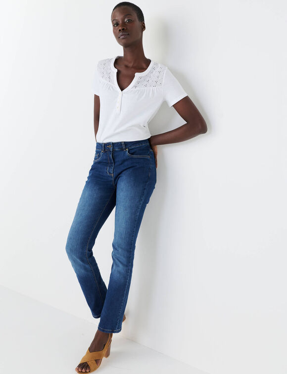 T-shirt met Tunesische hals en korte mouwen, broderie anglaise (wit)