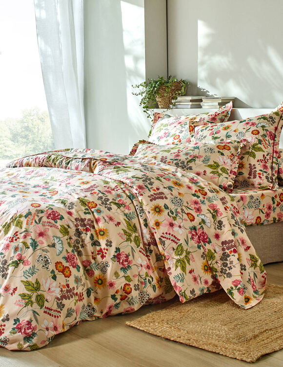 Linge de lit Kelly en coton imprim&eacute; floral (beige)