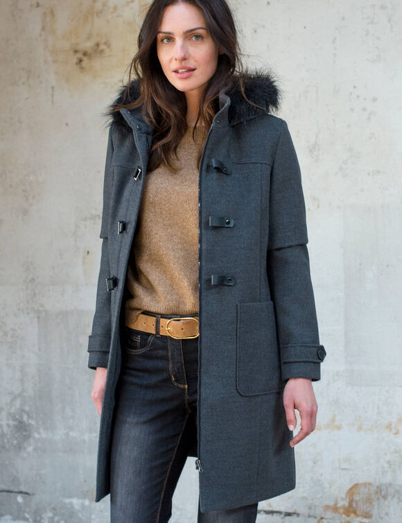 Duffle-coat capuche fausse fourrure uni (anthracite chin&eacute;)