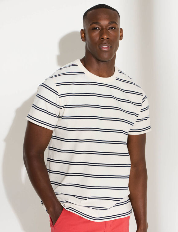T-shirt ray&eacute; col rond manches courtes - coton biologique(**) (blanc cass&eacute; / marine)