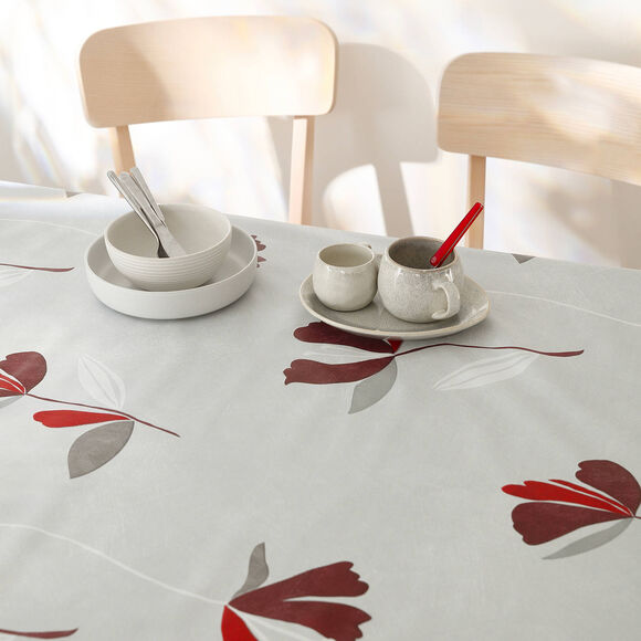 Tafelzeil van gewaxt katoen met bloemenprint (grijs / rood)