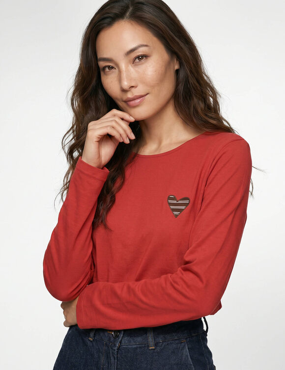 T-shirt marini&egrave;re manches longues, brod&eacute; "c&oelig;ur" uni ou imprim&eacute; l&eacute;opard (rouge)