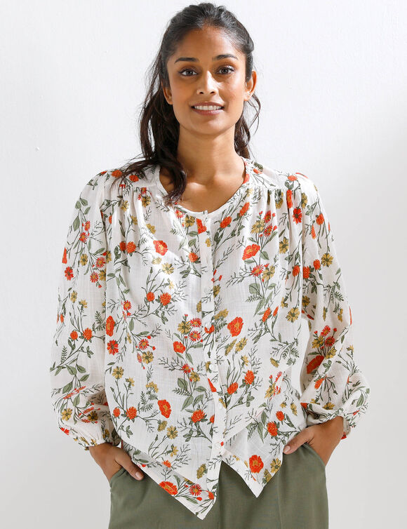 Chemisier imprim&eacute; coquelicots  (&eacute;cru / kaki)