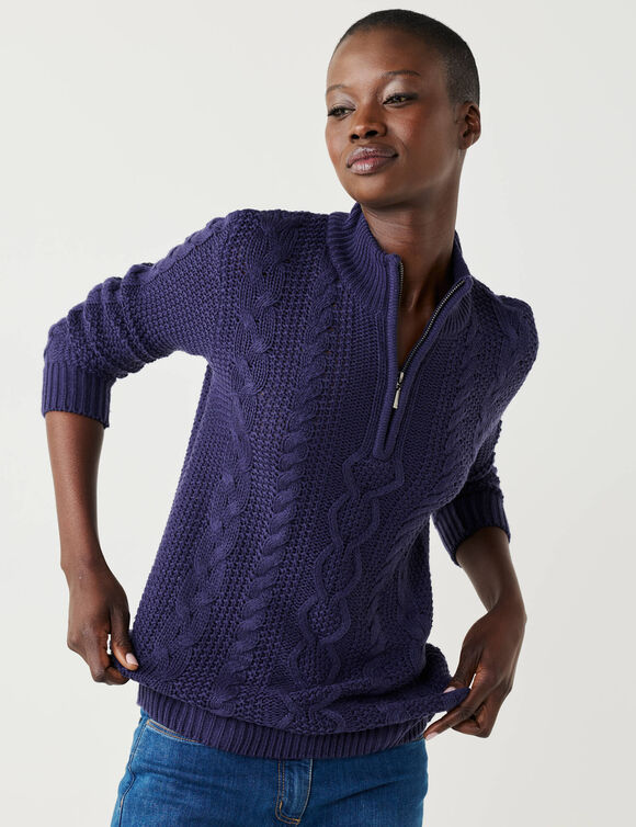 Pull col montant zipp&eacute;, maille torsad&eacute;e (bleu marine)