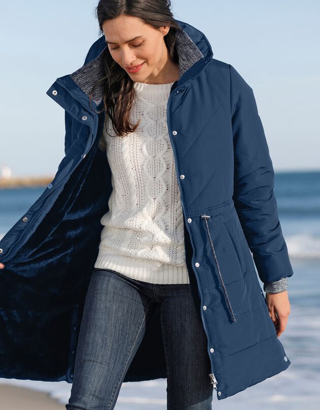 Lange waterafstotende en gematelasseerde jas, grijsblauw, hi-res