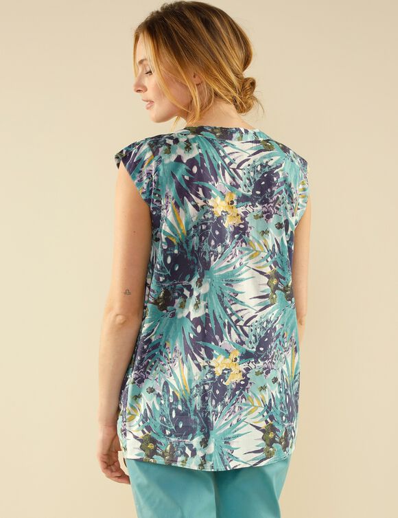 Tunique imprimé tropical en voile (turquoise grisé)