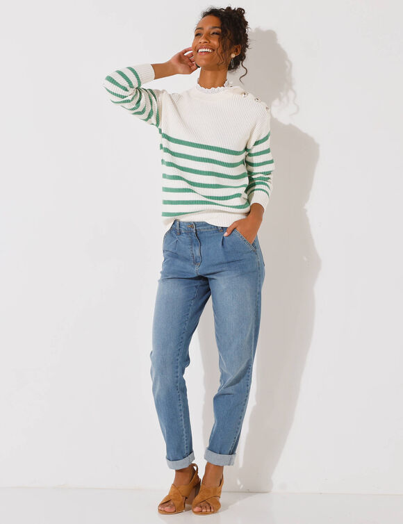 Pull rayé, col broderie anglaise (écru / vert)