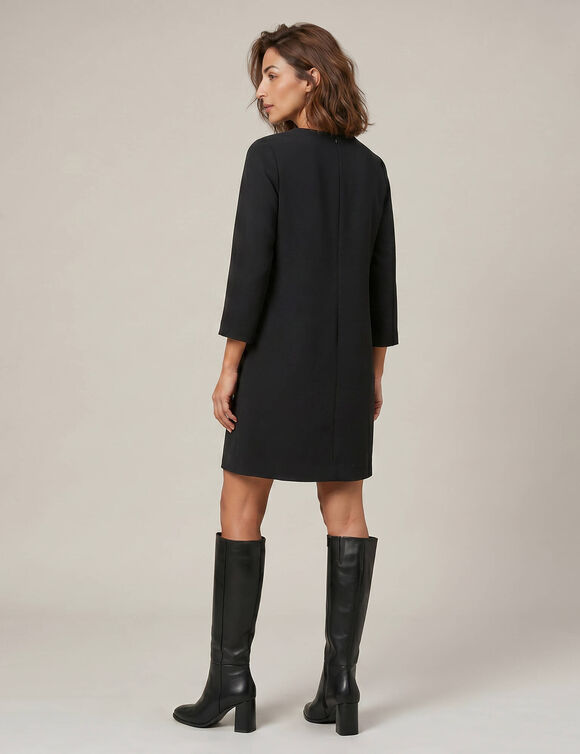 Robe col rond manches 7/8&egrave;me pagodes, cr&ecirc;pe imprim&eacute; fleurs (noir / rouge)