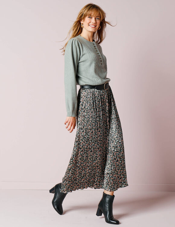Pull ajouré col tunisien boutonné (vert grisé)