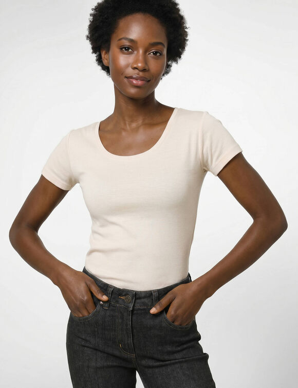 T-shirt col rond uni manches courtes en coton biologique(**) (beige)