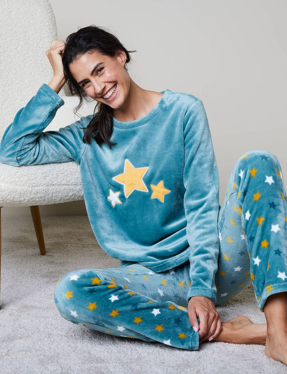 Pyjama pantalon polaire "étoiles", toucher peluche (bleu grisé)