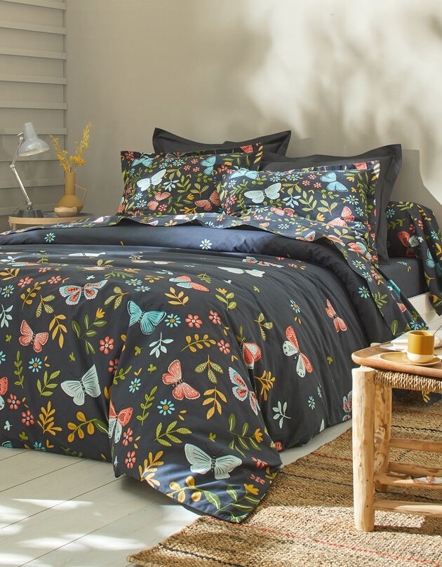 Linge de lit Envolée en coton à motifs papillons, bleu marine, hi-res