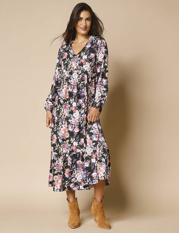 Robe longue imprimé fleurs, crêpe (noir / multicolore)