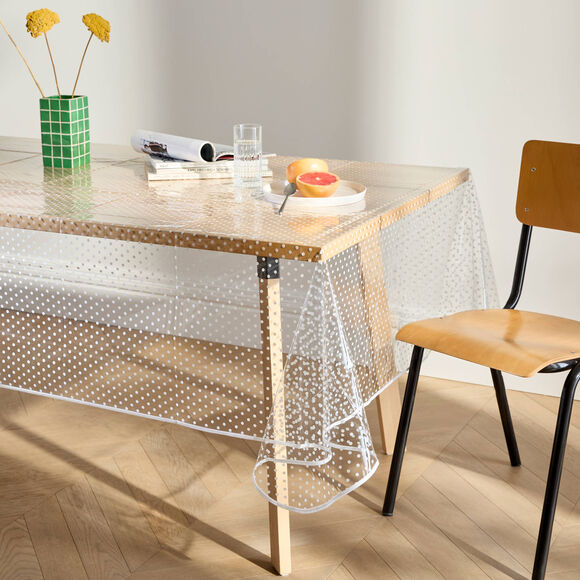 Nappe toile cir&eacute;e translucide imprim&eacute; pois blanc (transparent / blanc)