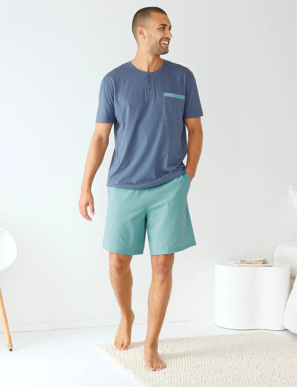 Shortama in 2 materialen, Tunesische hals (grijsblauw / aqua)