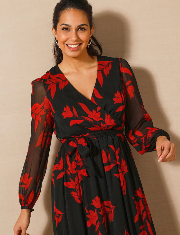 Robe longue volant, voile imprim&eacute; (noir / rouge)