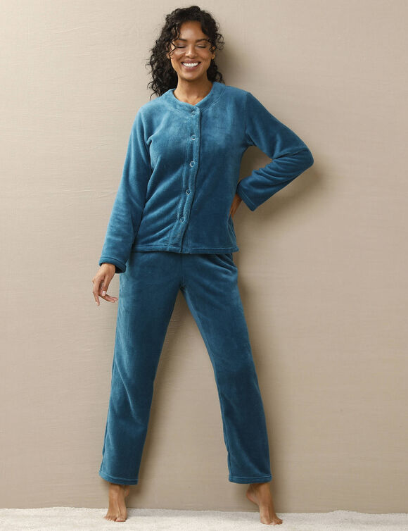 Pyjama veste boutonn&eacute;e manches longues, maille polaire (bleu paon)