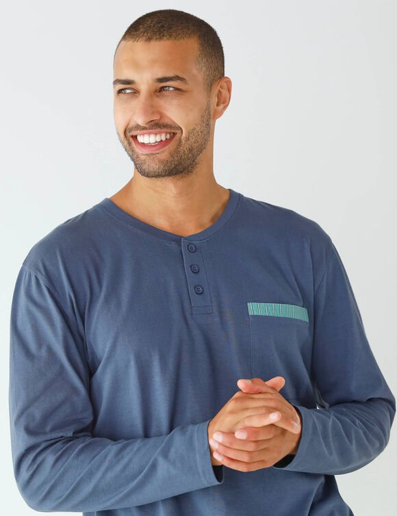 Pyjama col tunisien bi-mati&egrave;re  (bleu gris&eacute; / aqua)