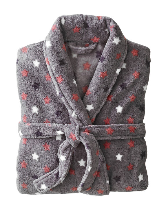 Peignoir in fleece met pluchetouch - 115 cm lang, lange mouwen (grijs / roze)