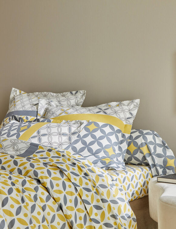 Linge de lit Marlow motifs g&eacute;om&eacute;triques - coton 57 fils/cm&sup2; (gris / jaune)