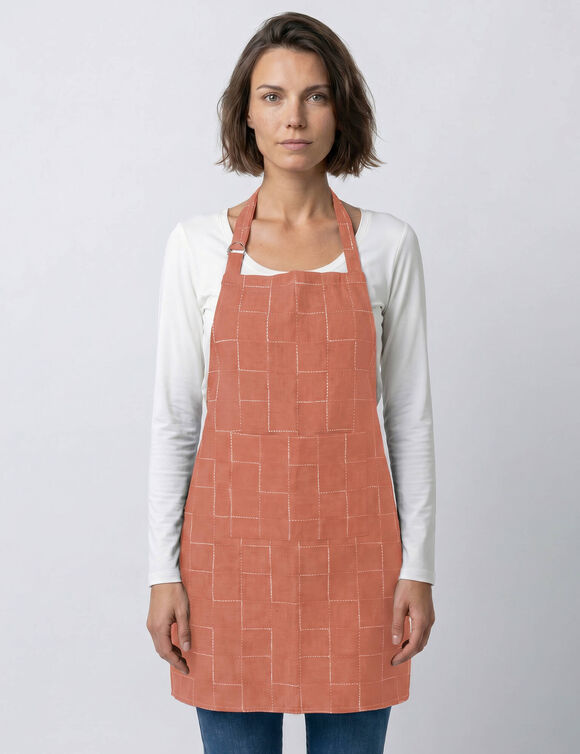 Keukenschort met geruit motief en overslag (terracotta)
