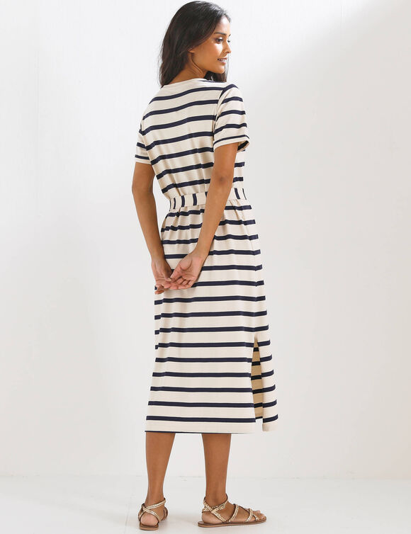 Robe mi-longue ceinturée col V, maille rayée (écru / marine)