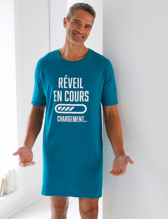 Maxi T-shirt pyjama imprim&eacute; "r&eacute;veil en cours" (bleu canard)