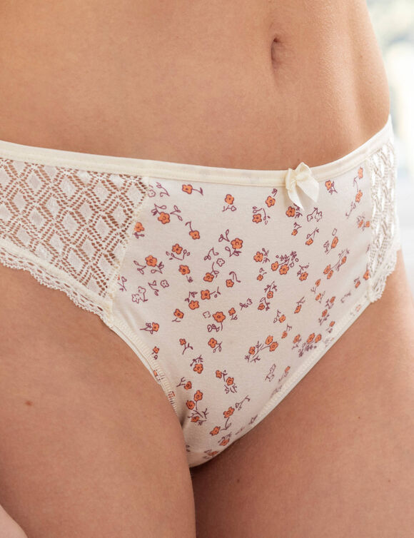 Culotte midi coton dentelle imprim&eacute; fleurettes Coria - lot de 2 (ivoire)