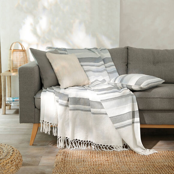 Veelkleurig artisanaal geweven sprei of plaid (parelgrijs)