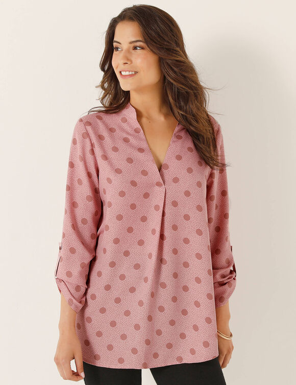 Blouse col tunisien imprimé pois, crêpe (rose poudré / taupe)