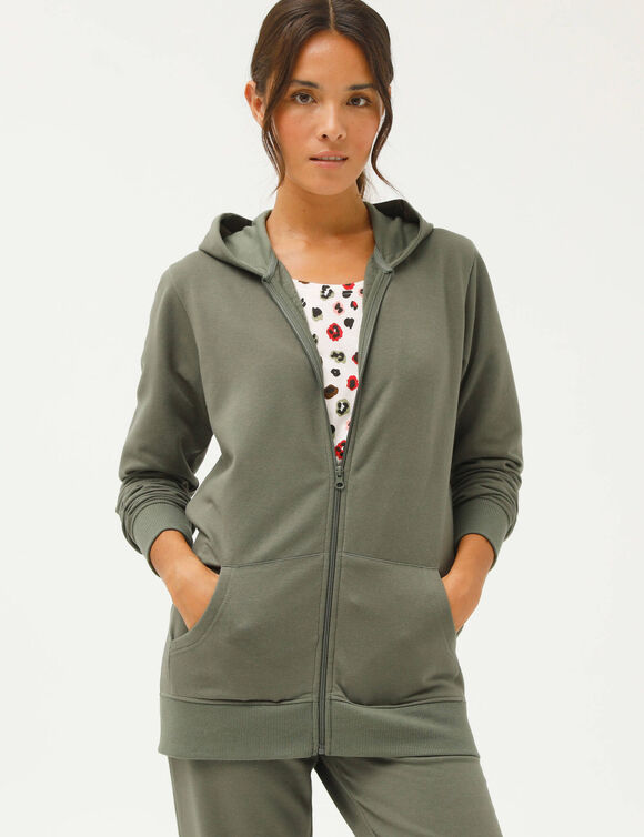 Veste zipp&eacute;e &agrave; capuche, molleton gratt&eacute; (kaki)