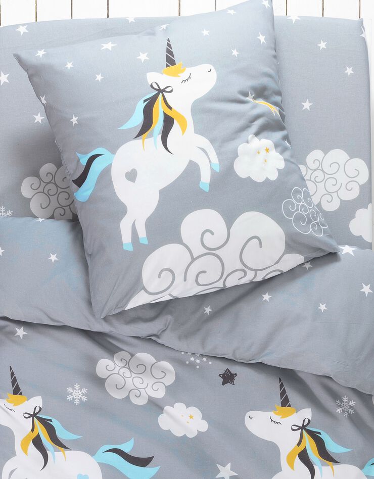 Linge de lit enfant Lilou imprimé licorne 1 personne - coton, gris, hi-res image number 1