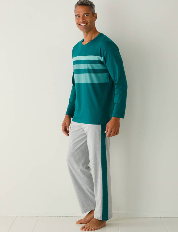 Pyjama in katoen, geplaatste strepen, ronde hals (groen / grijs)