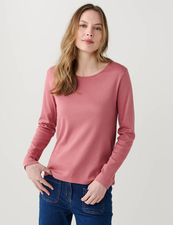 T-shirt col rond en maille c&ocirc;tel&eacute;e, manches longues (rose)