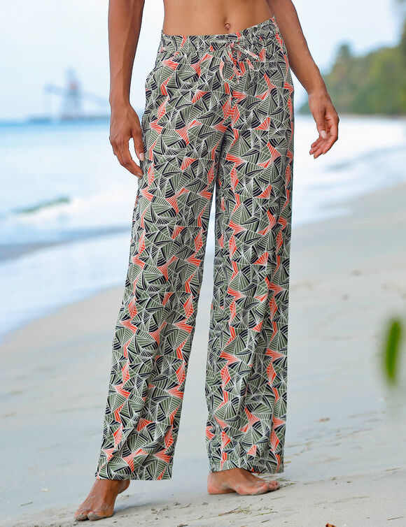Pantalon fluide imprimé, taille élastiquée (kaki / paprika)