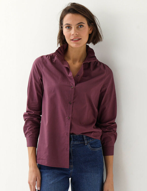 Effen blouse met hoge kraag met ruches (pruim)