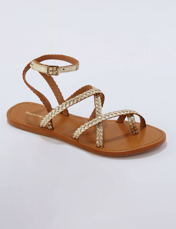 Platte leren sandalen met gevlochten riempjes (goudkleurig)